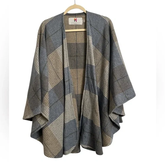 John Hanly 100% Lambswool Cape | Cream Taupe Denim Check | One Size | Ireland - Picture 2 of 8